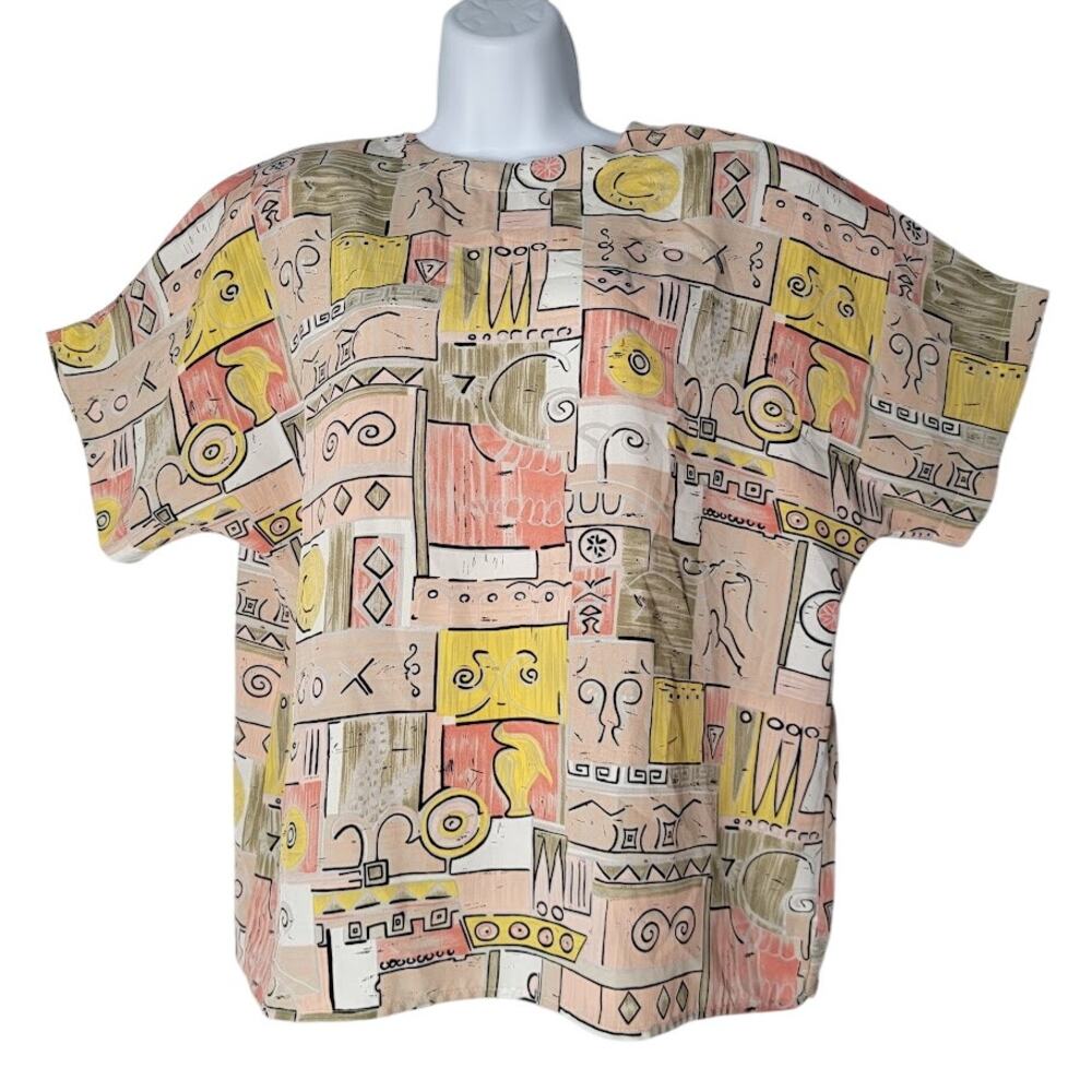 Vintage Renaissance Sportswear Abstract Print Blouse Retro Short Sleeve Top L/XL